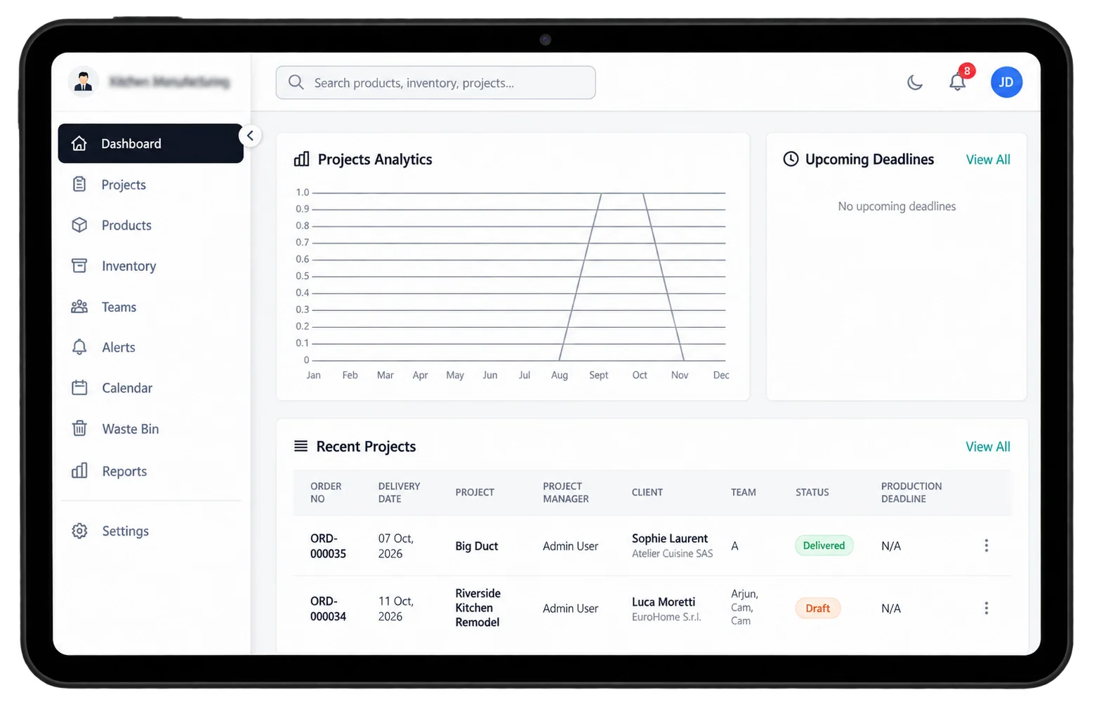 ERP dashboard with a monthly projects analytics chart, upcoming deadlines and a recent projects table showing order numbers, clients, teams and status.
