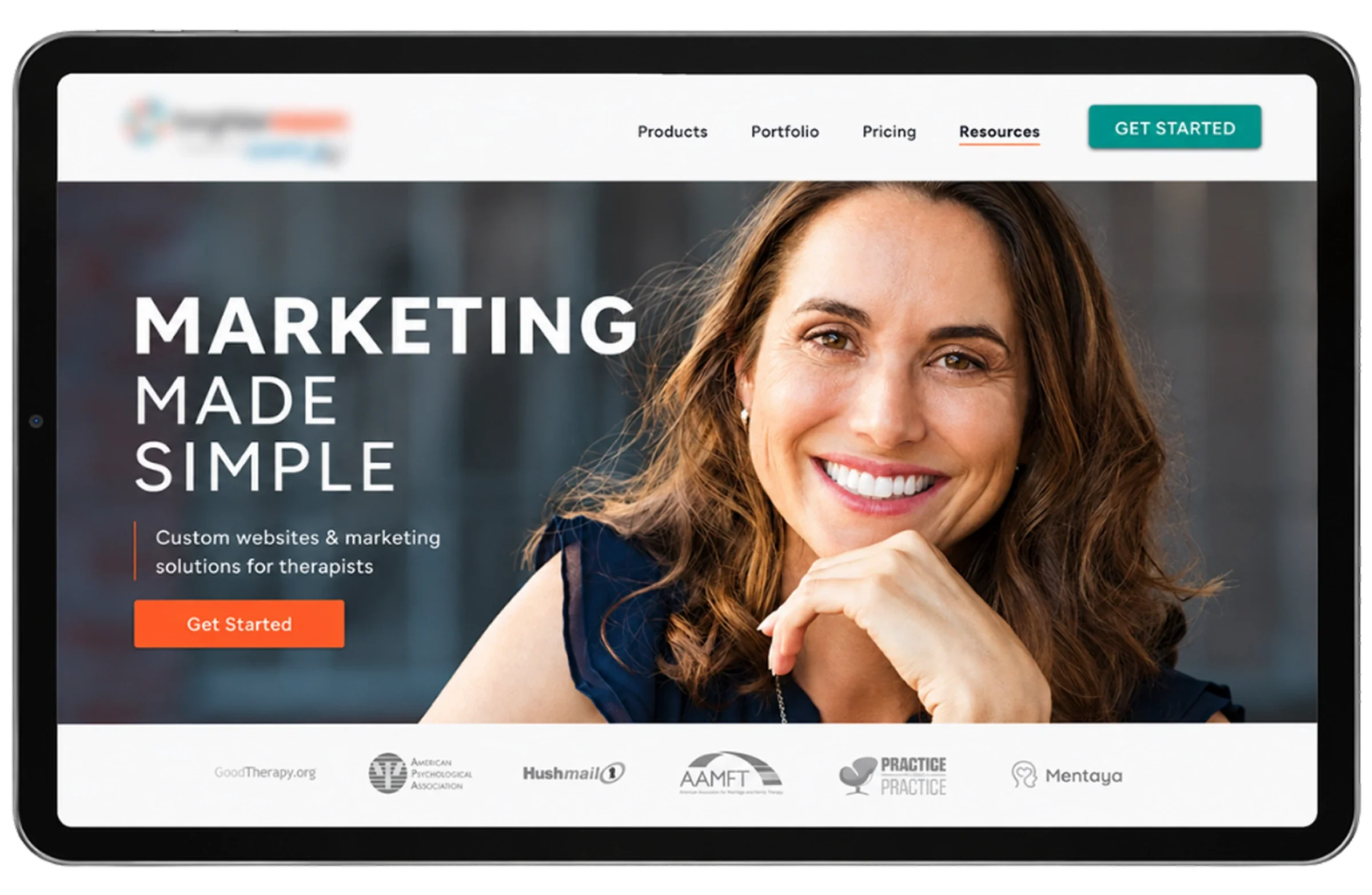 Platform marketing homepage offering custom websites and marketing solutions for therapists