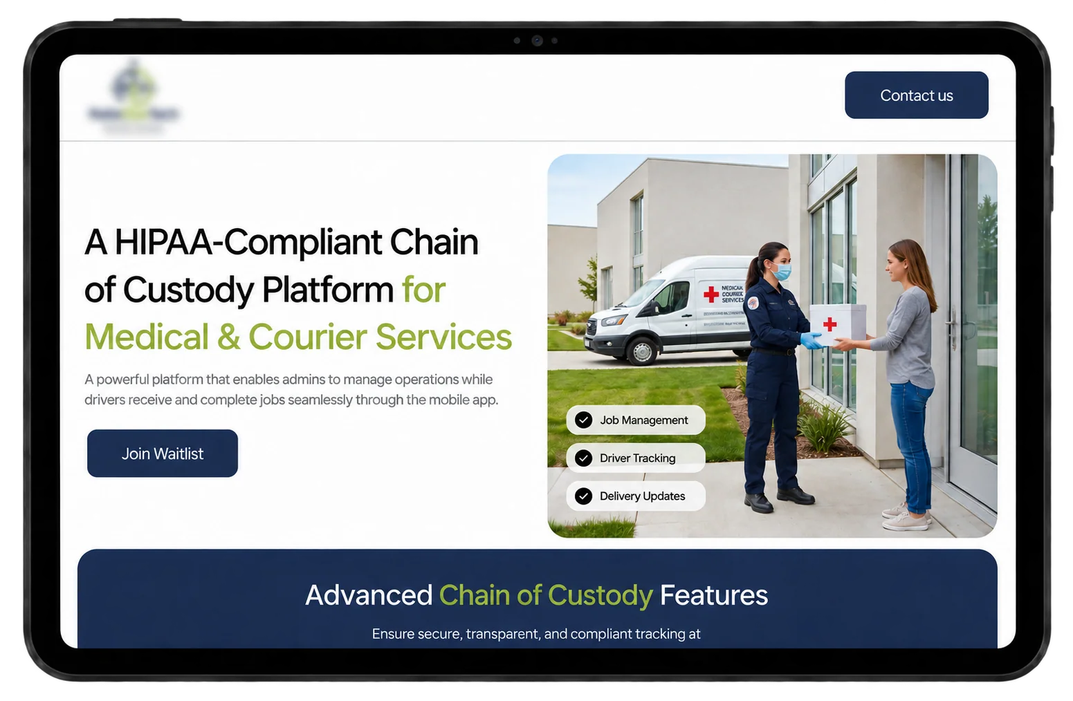 Landing page for a HIPAA-compliant chain of custody platform for medical and courier services, with a Join Waitlist button.
