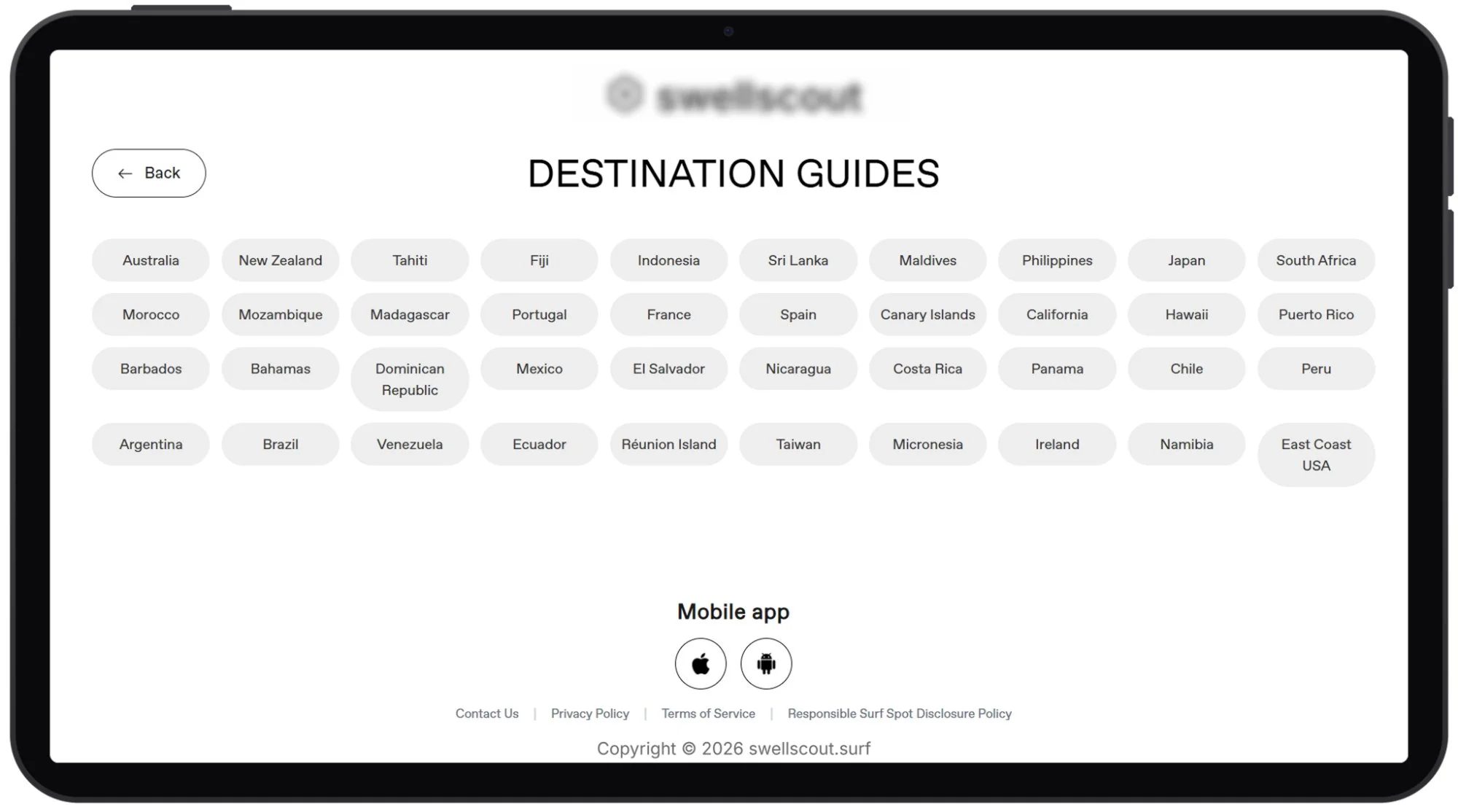 Destination guides index listing surf countries and regions, with mobile app links and policy links in the footer