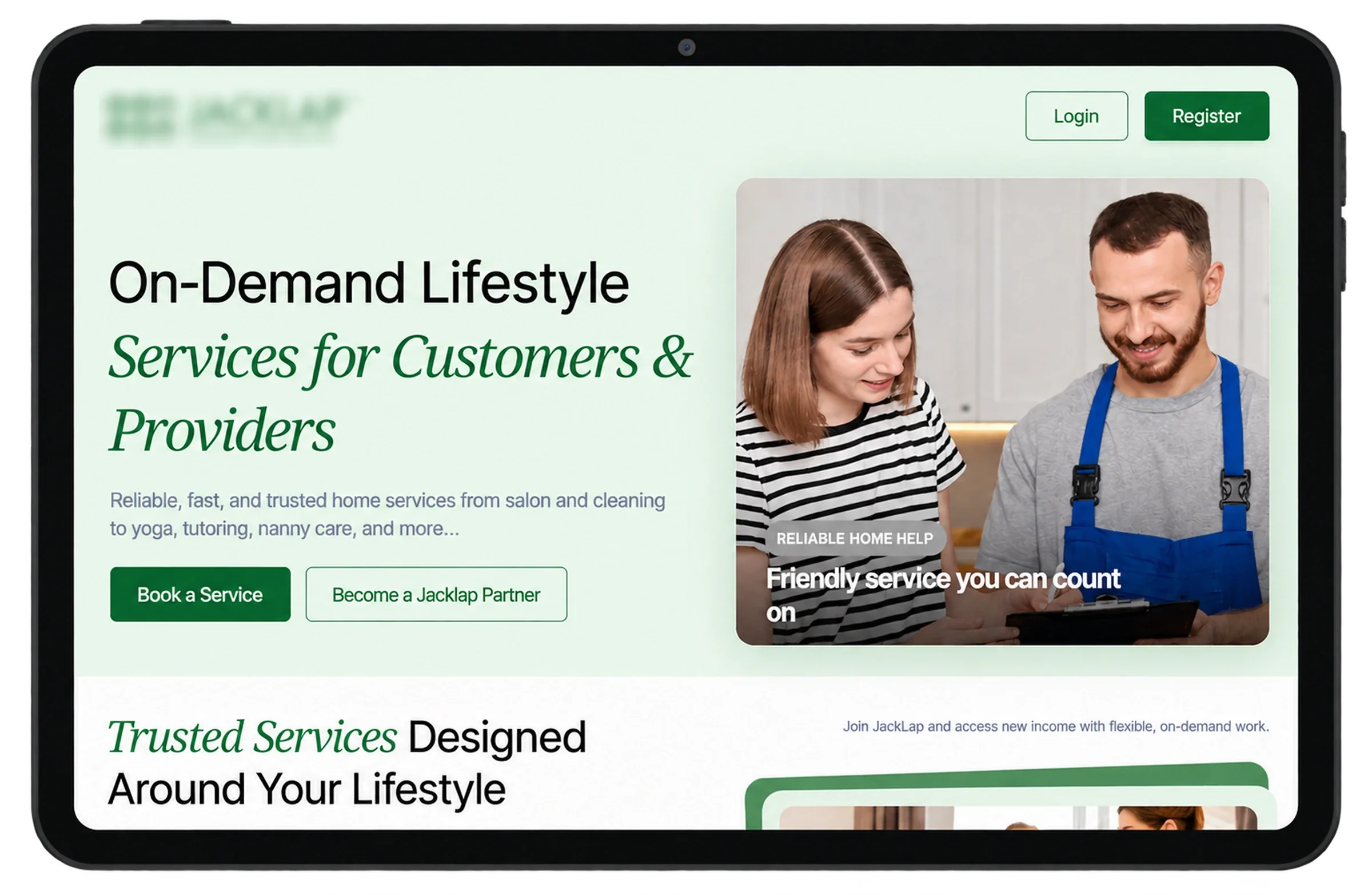 Marketplace landing page with options to book a service or become a partner